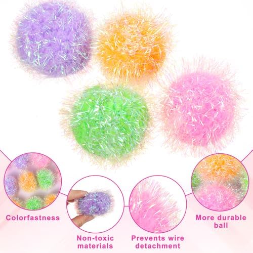 Psyqtsuary 12 Pcs Cat Ball Toys, 2 Inch Sparkle Fuzzy Balls Interactive Cat Toy Soft Pom Pom Sparkle Fuzzy Balls Assorted Color