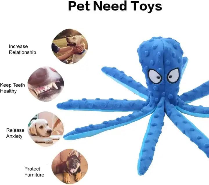 Squeaky Octopus Dog Toys - no Stuffing Crinkle Plush Dog Toy - Pack of 2 (Orange and Blue)