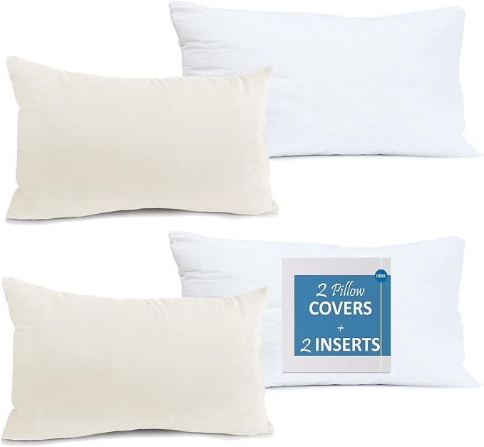 Throw Pillow Inserts Pack of 2 with Velvet Soft Solid Decorative Square Throw Pillow Covers Set for Sofa Couch Car Bedroom, 12X20 Throw Pillows Inserts with 12x18 Washable Cushion Covers, Off White