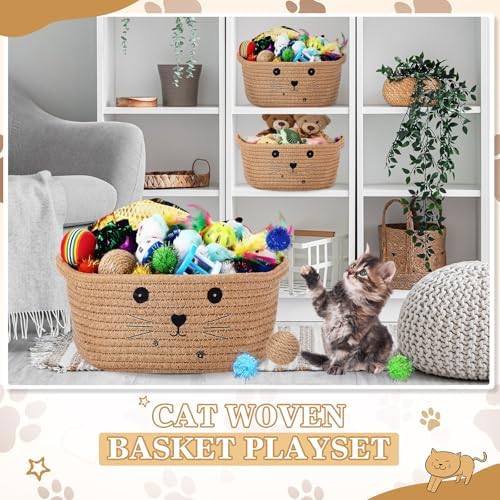 Zopeal 58 Pcs Summer Cat Storage Basket Gift Toys Set, Colorful Flashing Balls Pet Bell Crinkle Balls Spring Toys Attract Cat to Swat, Hunt, Interactive for Pet(Khaki,9.8 Inch)