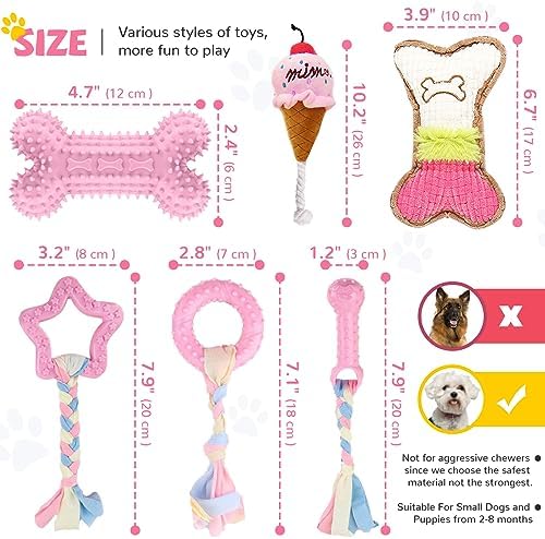 BAEJMJK 6 Pack Puppy Teething Toys Pink Small Breed Dog Chew Toys with Rope Cute Soft Rubber Puppy Toys Set for Cleaning Teeth Interactive Pet Doggy Bone Toys