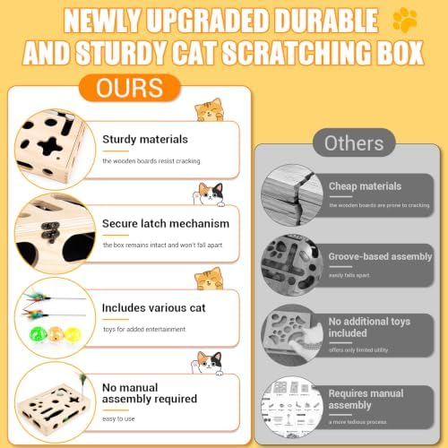 Large Cat Nail File Box, Sturdy Wood Cat Scratch Puzzle Box with Sandpaper