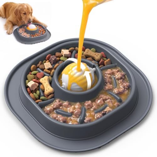 2-in-1 Slow Feeder Dog Bowl with Rolling Ball, Interactive Lick Bowl Toy for Dogs & Cats, Anti-Gulp Maze Feeder with Suction Base for Wet Food, Bone Broth & Treats, Anxiety Relief Enrichment Toy-Grey