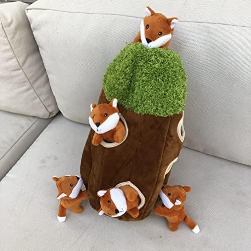 Fox in Tree Hide and Seek Dog Toy for Small and Medium Size Dogs, Plush Fox Inside Trunk Dog Toy with Squeaker, Interactive Burrow Dog Toy (Tree with Fox, Large)