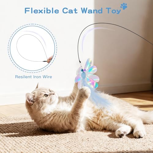 Pawaboo Cat Feather Wand Interactive Toy, 2 Feathers + 1 Wand with Bell