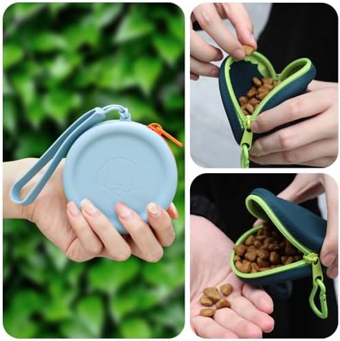WALLFID Silicone Dog Treat Pouch, 2PCS Pet Walking Bag, Pocket Size, Easy to Clean, Odorless, Zipper Design, Moisture-proof, Portable Training Bag (Lake Blue & Green, 3.55 x 3.55 x 1.18 inches)