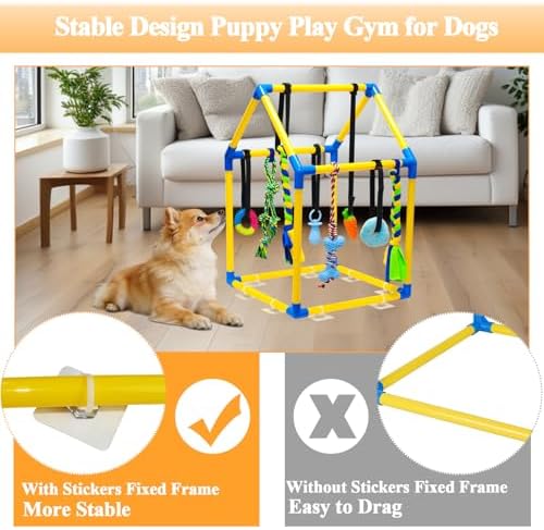 Puppy Play Gym with 8 Hanging Toys, Jungle Gym for Small Dogs & Puppies Indoor Enrichment Playground Interactive Training Activity Center for Teething Chewing,Entertainment Roof Shape