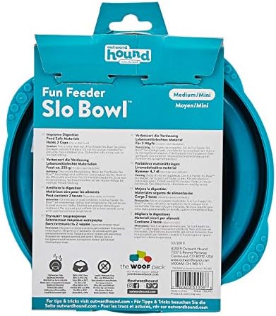 Outward Hound Fun Feeder Slo Bowl – Medium 2‑Cup Capacity,Slow Feeding,Small to Medium Dogs & Cats,Non-Slip,Turquoise,Drop Pattern,(Pack of 12)