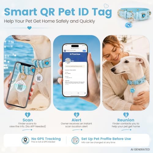 Rhinestone Dog Collar with QR ID Tag, Ostrich-Embossed, Blue, S | Crystal Dog Collar with Ostrich-Embossed Texture, Adjustable Waterproof Fit and QR Scan Pet ID for Stylish Daily Wear