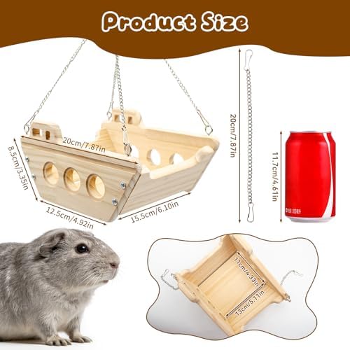 Guinea Pig Hammock, Wooden Swing Toys with Metal Chain and Hook for Cage, Interactive Enrichment Toy for Guinea Pig, Chinchilla, Rat, Hamster and Other Small Animals