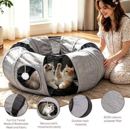 Ownpets 2 in 1 Collapsible Cat Tunnel for Indoor Cats with Cushion Bed