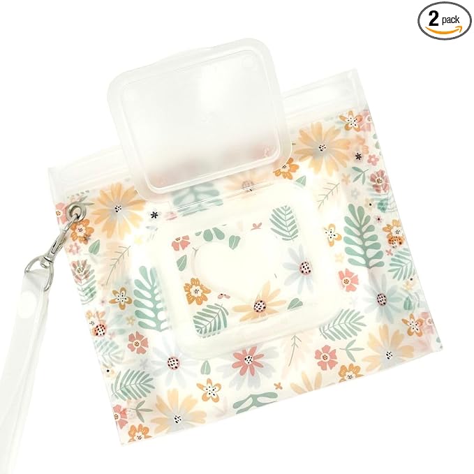 Portable & Refillable Wet Wipe Pouch - Reusable Baby Wipes Holder & Container, Mini Floral Love, 2pcs