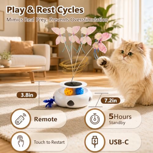 3-in-1 Interactive Cat Toy with Remote Control, Butterfly Wand & Automatic retractable feathers & Rolling Ball Track, Multi-functional Cat Toy for Indoor Cats, Suitable for Bored kitten, white