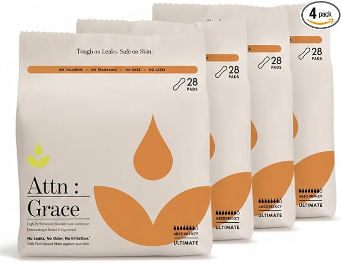 Attn: Grace Ultimate Incontinence Pads for Women, 4-Pack (112 Pads Total / 28 per Pack) - Plant-Based, High Absorbency, Breathable - Overnight Pads for Heavy Bladder Leaks & Sensitive Skin