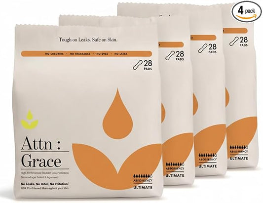 Attn: Grace Ultimate Incontinence Pads for Women, 4-Pack (112 Pads Total / 28 per Pack) - Plant-Based, High Absorbency, Breathable - Overnight Pads for Heavy Bladder Leaks & Sensitive Skin