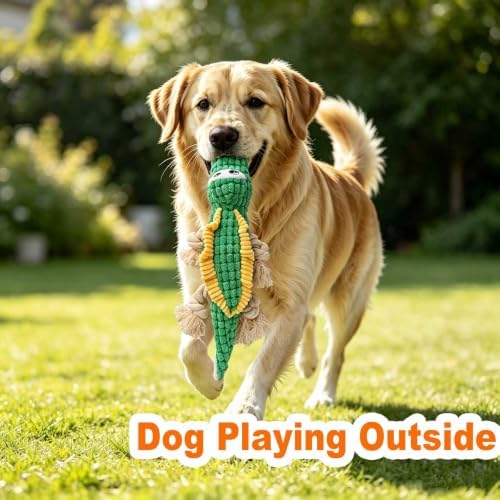 Green Crocodile Chew Plush Dog Toy, 14.2 in, Squeaker and Rope