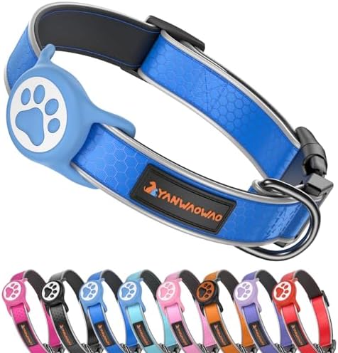 Heavy Duty Dog Collar with Silicone AirTag Holder, Waterproof & Reflective Padded Pet Collar for Night Walking, Hotpink Plaid Oxford Cloth, Adjustable Buckle (Blue M)