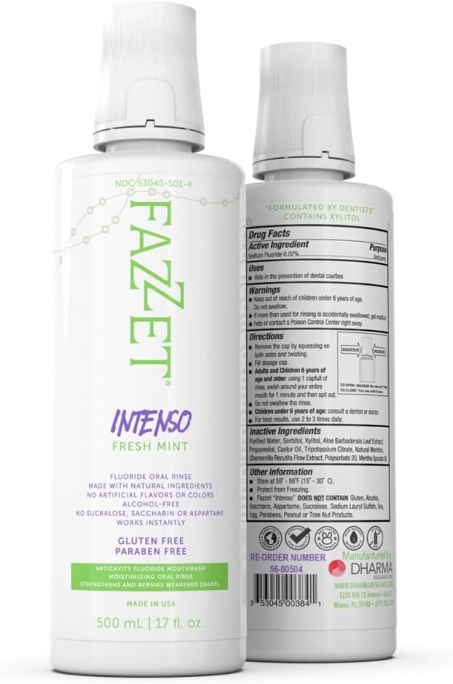 FAZZET Intenso Fluoride Oral Rinse – Soothe Tonsils, Combat Bad Breath – Alcohol, Gluten, and Paraben Free Mouthwash – Fresh Mint Flavor