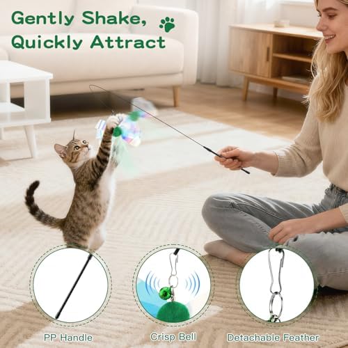 Pawaboo Cat Feather Wand Interactive Toy, 2 Feathers + 1 Wand with Bell