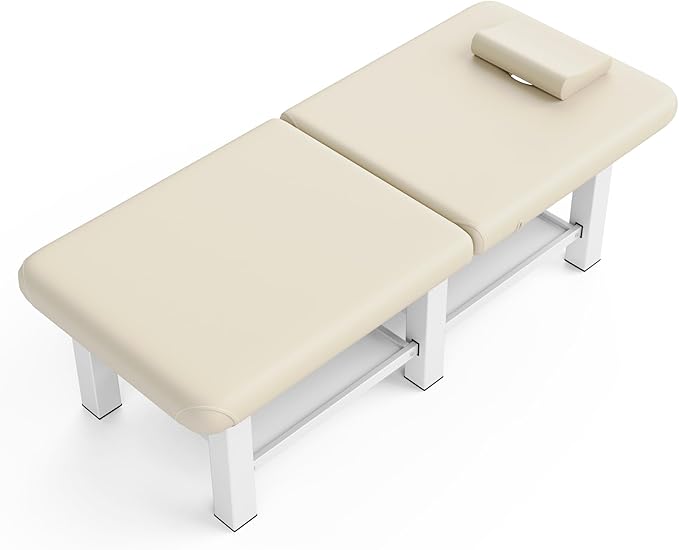 pouseayar Stationary Massage Table Folding Bed with Backrest for Treatment Table Physical Therapy Table Spa Facial Bed, Metal Frame PU Leather, 30.5'' Wide × 75'' Long - Beige Gray