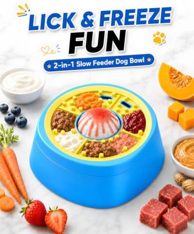 Interactive Slow Feeder Dog Bowl with Rolling Lick Ball for Liquid Treats