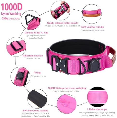 2" Tactical Dog Collar with Airtag Holder & Handle for Medium Dogs (Pink)