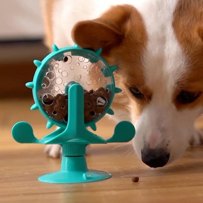 Interactive Cat Food Treats Dispenser Toy for Indoor Cats, 360° Rotating Windmill Suction Cup Toys for Small Pet, Puzzle Original Slow Dog Feeder Snack Distribution & Exercise Wheel Toy (Lake Blue)