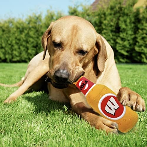 NCAA WISCONSIN BADGERS BEER BOTTLE PLUSH DOG & CAT SQUEAK TOY - Cutest STADIUM SODA BOTTLE SNACK Plush Toy for DOGS & CATS with INNER SQUEAKER & Beautiful Football/Basketball Team Name/Logo
