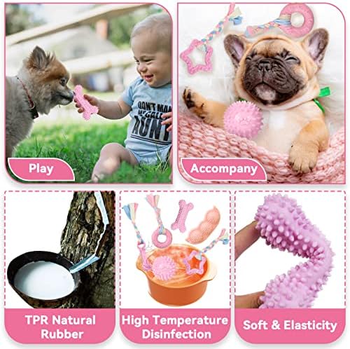 Petcare 6 Pack Puppy Chew Toys for Teething Cute Pink Puppy Toys Small Dog Toys Soft Rubber Rope Dog Toys Funny Bone Ball Cleaning Teeth Dog Chew Toys Puppy Teething Toys for Puppies Yorkie