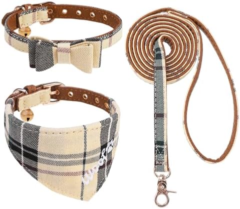 KOOLTAIL Small Dog Collar and Leash Set with Bowtie and Bells, Cute Embroidery Puppy Bandana Collar Collar and Leash with Classic Plaid Pattern,Soft Leather Tangle Free Leashes for Small Dogs,Boy Girl
