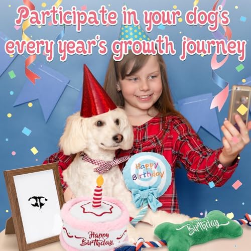 LECHONG 7Pcs Dog Birthday Toys Gifts, No-Mess Paw Print Keepsake Kit with Squeaky Dog Cake Toy, Plush Crinkle Toy, Pet-Safe Ink Pad & Photo Frame for Small Medium Dogs