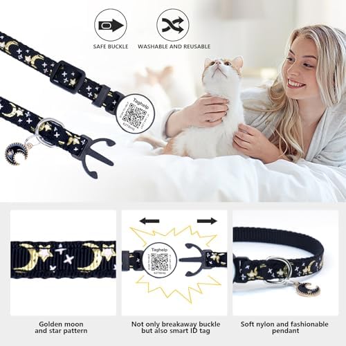 Stars and Moon AirTag Collar with AirTag Holder & Bell,Air Tag Cat Collar for Apple. Solid & Safe, Pet Collar, Breakaway Cat Collar,Smart QR Code Cat ID Tags - Pet Online Profile(Pink)