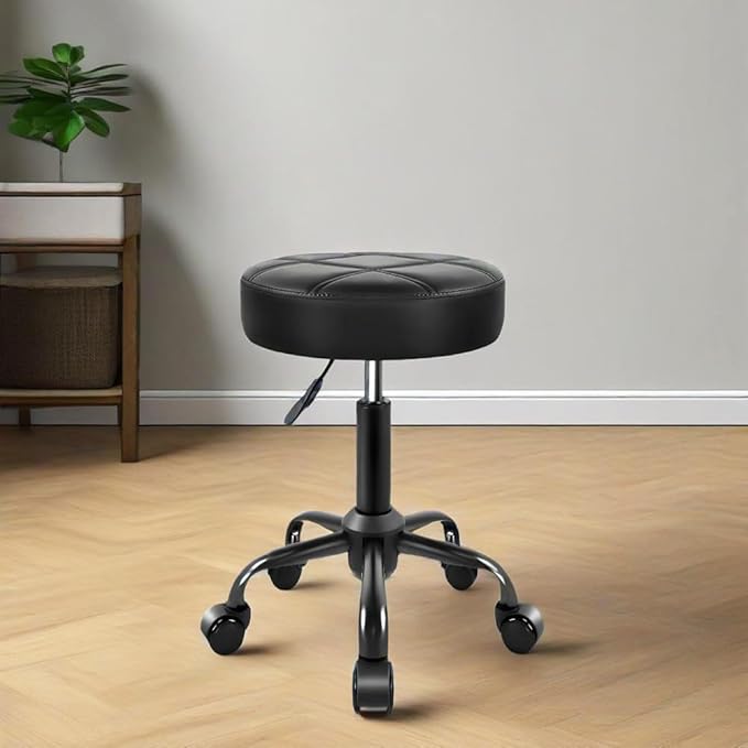 Rayyl Rolling Stool with Wheels Classic PU Leather - 350lb Large Capacity with Open Quiet Wheels, 360° Swive Adjustable Height, Ultra-Comfort Seat, for Salon Tattoo Work Home SPA Shop Use (Black)