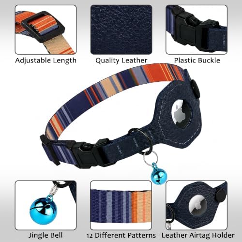 Breakaway Cat Collar with Leather AirTag Holder & Bell - Apple Air Tag Cat Collars for Girls & Boys, Lightweight Anti-Lost GPS Tracker Design, Printed Pattern - Safety and Adjustable (Multicolor)