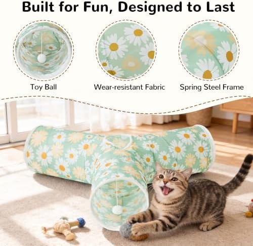 Tempcore Cat Tunnel, 3-Way Collapsible Toy, Large Size Daisy Green Printed