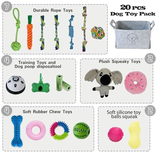 MRSOHRET 20Pcs Puppy Chew Toys for Teething, Dog Chew Toys with Rope Toys, Pet Dog Toothbrush, Treat Balls, Plush Toys and Squeaky Toy for Small Medium Dogs with Basket