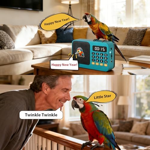 Parrot Talking, Whistling & Singing Training Player – 134 Professional Audio Tracks with Loop Playback &Self-Custom Audio, Includes Training Guide for Beginners & Busy Individuals (Blue)