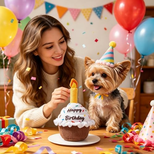 wodoca Dog Birthday Cake Toy, Squeaky Plush Chew Toy for Small to Medium Dogs, Realistic Birthday Party Decor & Puppy Gift for Interactive Play, Teeth Cleaning
