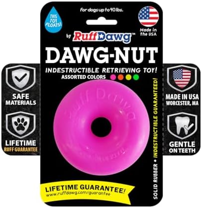 Ruff Dawg Dawg-Nut Medium 3.5” Pink – Heavy-Duty Solid Rubber Donut Dog Chew Toy for Dogs Under 40 lbs – Floats & Bounces – Made in USA