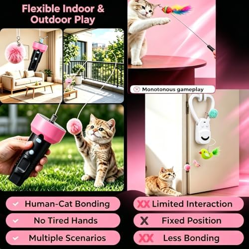 Electric Cat Fishing Toy, Type-C Recharge Interactive Teaser Entertainment Toy for Kitten, One-Click Pop Out & Auto Retractable Cat Wand Toy with Soft Balls, Kitten Teaser Toys for Indoor Cats (Black)