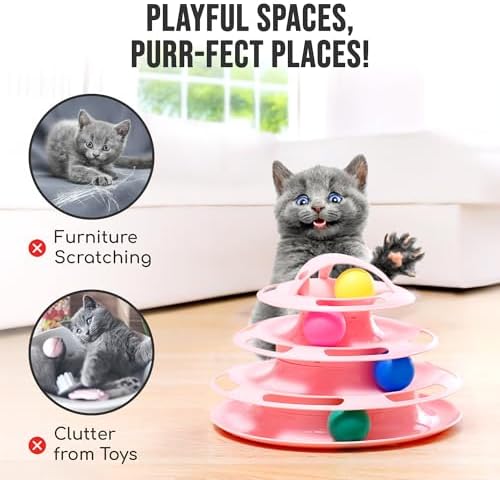 Vila 4-Tier Cat Tower, Multi-Level Interactive Track, Kitten Toy for Indoor Felines Self-Engage with 4 Chase Multicolored Balls, Pink, 1 Set Per Pack