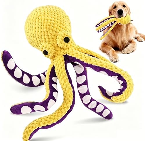 Plush Interactive Dog Toy Octopus-Shaped Plush Dog Sound Toy Indestructible Toy with Built-in Squeaker for Boredom Relief Durable, Chew-Resistant Dog Teething and Chew Toys (Yellow)