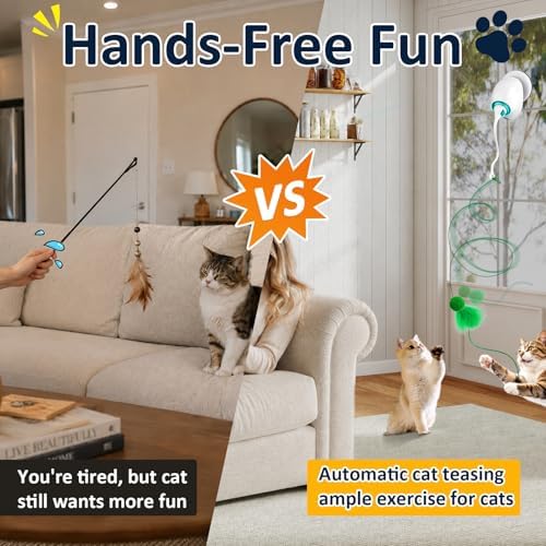 Interactive Cat Toys for Indoor Cats, Automatic Flying Feather Wand, Suction Cup Design, USB Rechargeable, Wall-Mounted Hanging Cat Toys for Bored Indoor Adult Cats