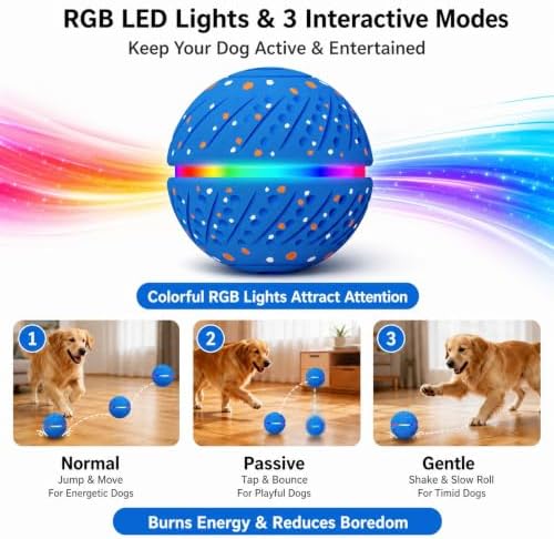 Interactive Dog Ball Toy with Remote Control, Durable E-TPU Material,3 Modes Automatic Bouncing Dog Ball with RGB Lights, IP54 Waterproof Electronic Dog Toy for Puppy, Medium and Large Dogs