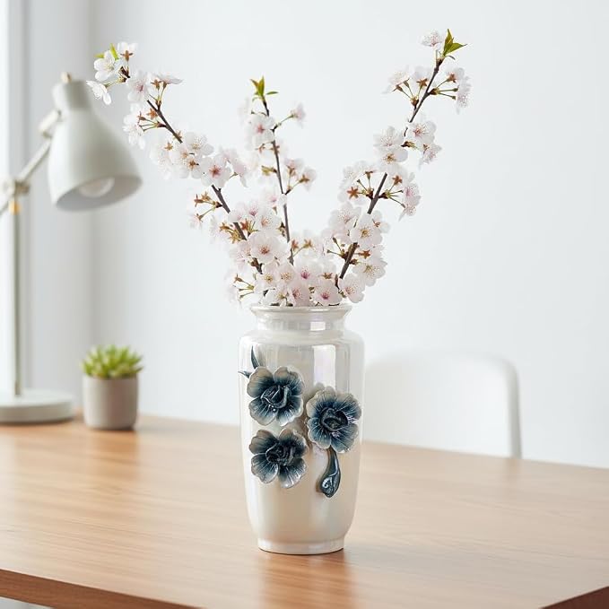 White Ceramic Vase 7 Inch - Small Modern Vase for Flowers, Boho & Farmhouse Decor for Bookshelf and Desk Decorations