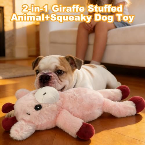14.17 Inch Pink Giraffe Squeaky Dog Toy, Plush Chew Toy with Bungee Legs for Puppy Teething, Indoor Outdoor Interactive Toy for All Dog Sizes