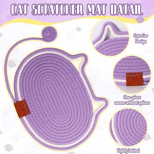 Cat Scratcher Mat Natural Cotton Rope Oval Horizontal Floor Cat Scratch Bed Pad with Ball Toy Protector for Furniture Floor Wall (White, 2 PC)