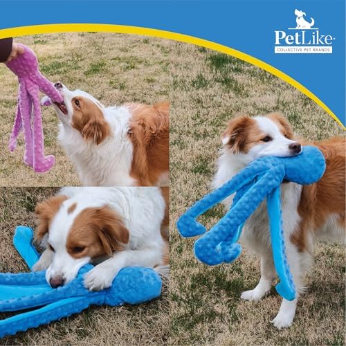 PetLike 2 Pack Squeaky Octopus Dog Toys, Durable Stuffing Plush Chew Toys with Crinkle Paper, Reinforced Liner Interactive Toys for Medium & Large Dogs (Pink+Blue, Large)