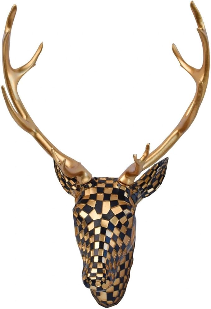 GIGICICI Mosaic Deer Head Wall Decor 15.7x8.7 Inch, Artistic Faux Resin Animal Head Wall Sculpture Hanging for Living Room Bedroom Kitchen Office, Black-Gold Gift