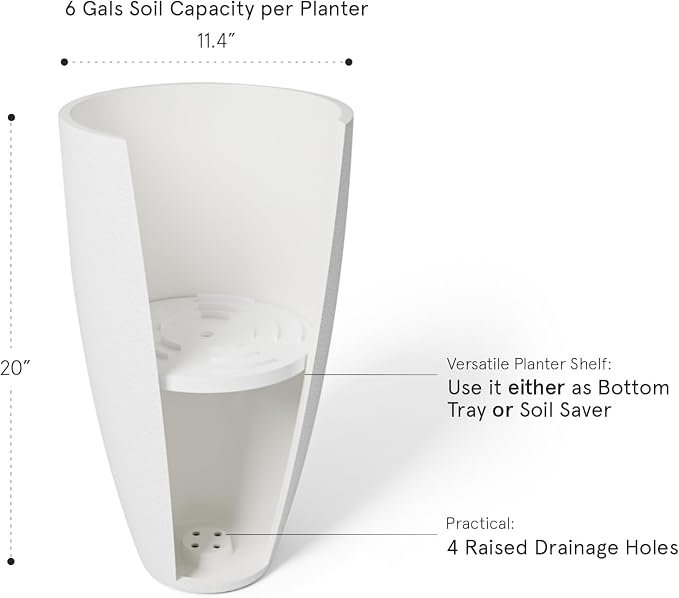 LA Jolie Muse Tall White Planters Set of 2,20 Inch Indoor/Outdoor Round Planters with Shelf Inset,Modern Large Planters with Drainage Holes for Front Door,Balcony and Patio Deck | Set of 2, Large Flower Pots with Drainage Holes and Tray, Modern Planter...